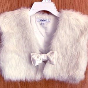 DKNY Ivory Girls Cropped Faux Fur Shrug Fur Vest with Bow NEW
